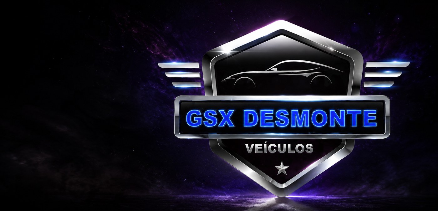 Logotipo Desmonte GSX Veículos — escudo cromado com neon azul